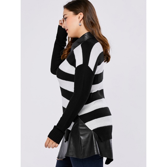 Plus Size Sweater w/ Vegan Leather Collar & Hem - Picture 3 of 8